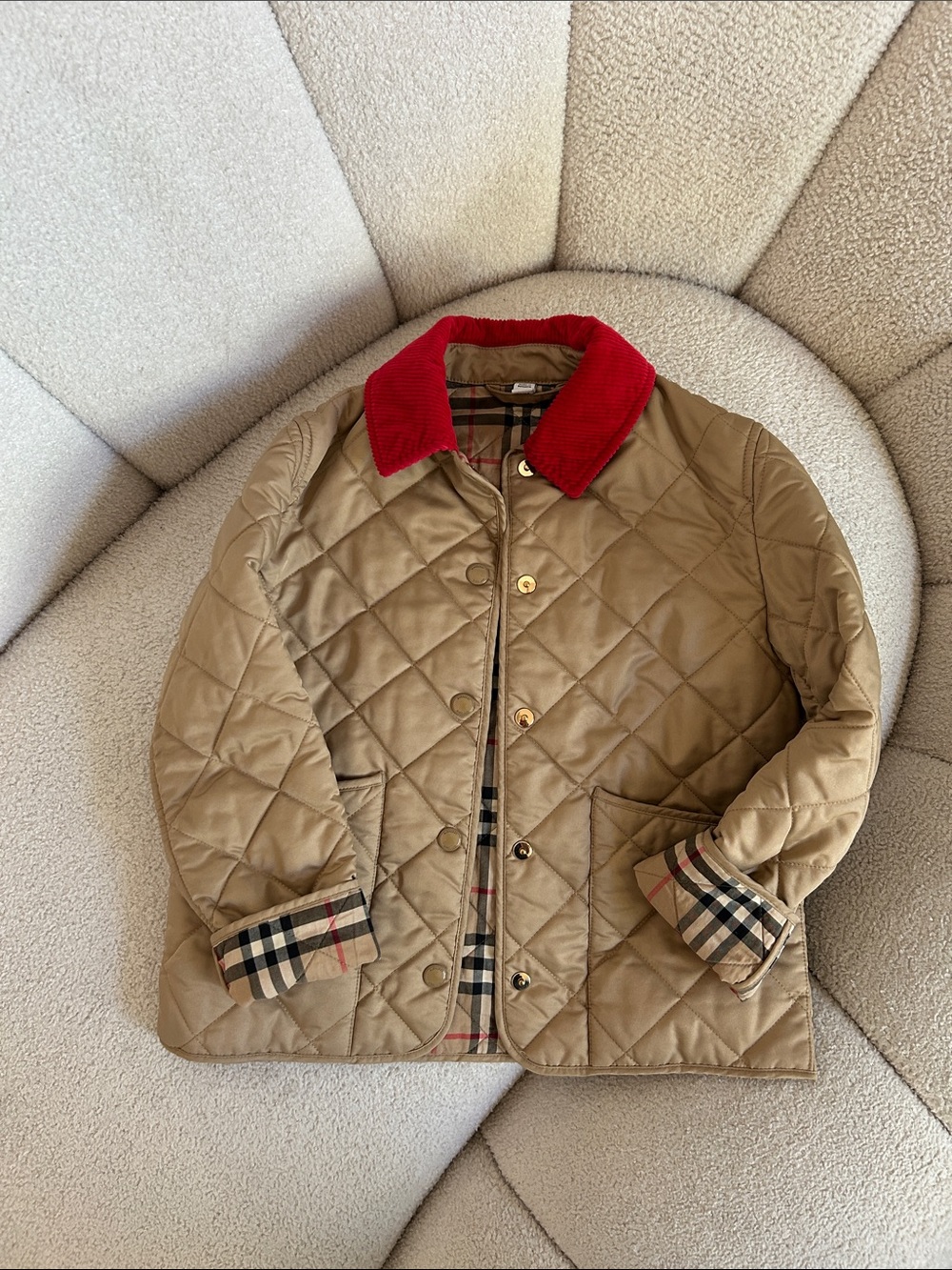 Burberry Camel Quilted Jacket with Red Corduroy Collar